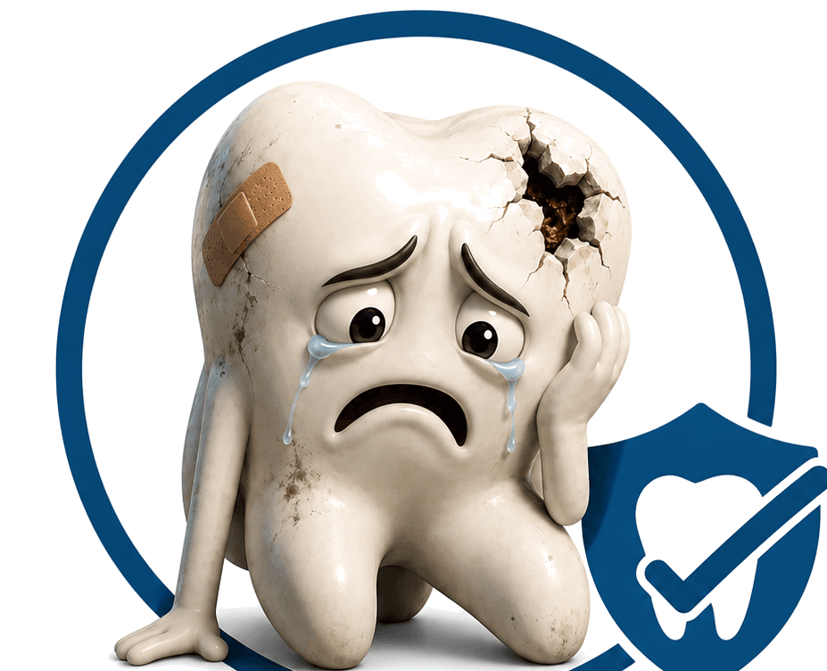 Removed Reviews logo — cracked tooth in a shield